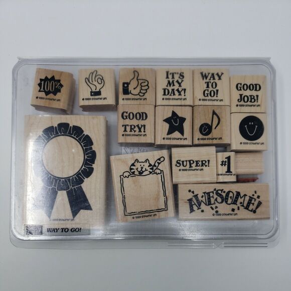 Stampin' Up WAY TO GO Set of 16 Wood Rubber Stamps Vintage 1999 - Picture 1 of 6